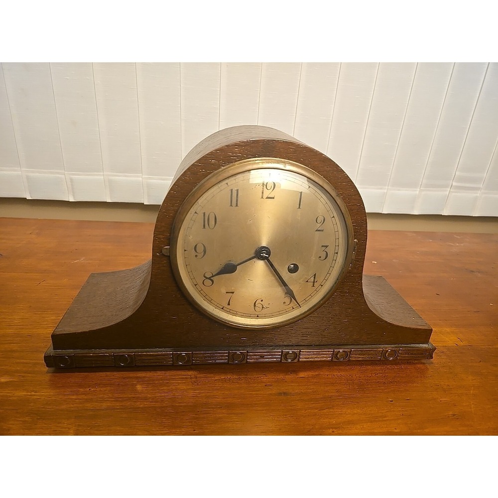 ANTIQUE NAPOLEON HAT CHIMING MANTEL CLOCK OAK CASE